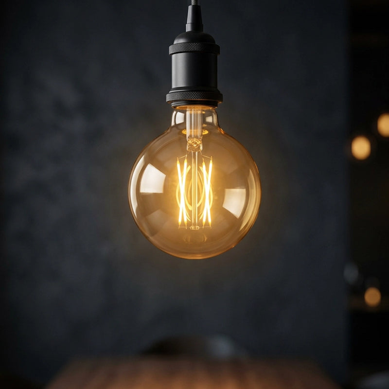 Lampadina LED E27 Globo G95 con filamenti visibili attraverso il vetro ambrato