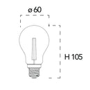 Disegno tecnico della lampadina LED E27 a goccia A60 con diametro 60 mm e altezza 105 mm