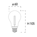 Disegno tecnico della lampadina LED E27 a goccia con diametro 60 mm e altezza 105 mm