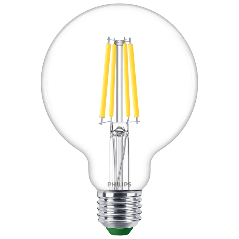 Lampadina LED Philips G95 Ultra Efficient E27 4W luce calda a lunga durata 50.000 ore.