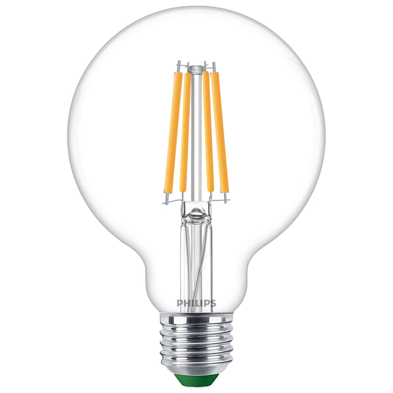 Lampadina LED Philips Ultra Efficient globo G95 trasparente classe A risparmio energetico e lunga durata.