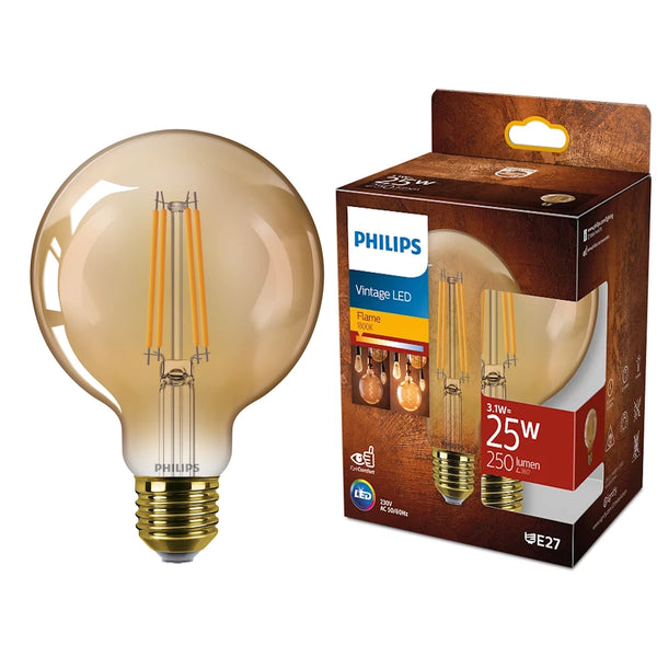 Lampadina LED G95 ambra decorativa vintage a filamento con attacco E27 1800K