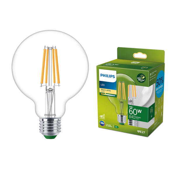 Lampadina LED Philips Ultra Efficient Globo G95 E27 4W 840 lumen 2700K trasparente Classe A Eye Comfort.