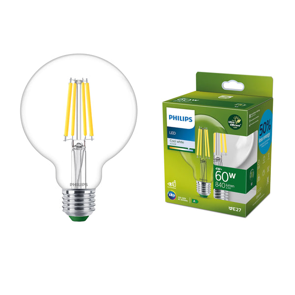 Lampadina LED Philips Ultra Efficient Globo G95 E27 4W 840 lumen classe A trasparente, luce calda 2700K.