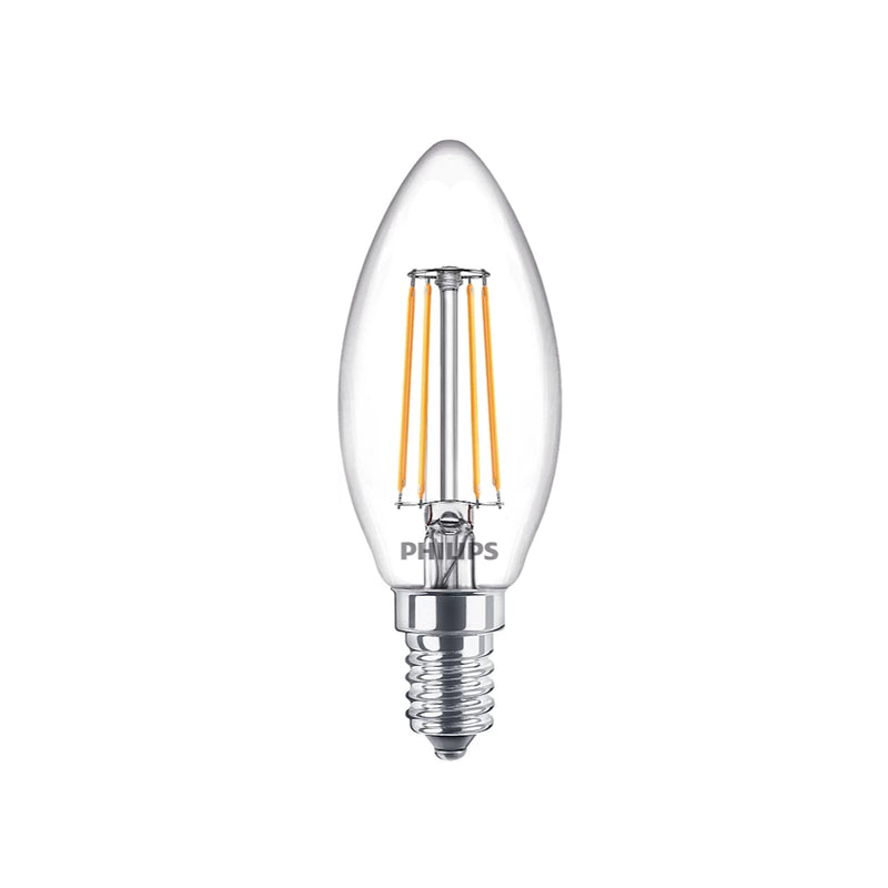 Lampadine LED Philips E14 a candela trasparenti con filamento a vista 4pz