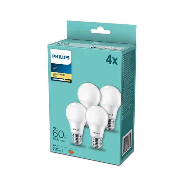 Lampadine LED E27 8W 806 lumen luce calda 2700K confezione 4