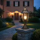 lampioncino heritage basso da esterno con lanterna esagonale in vetro e alluminio nero oro antichizzato

