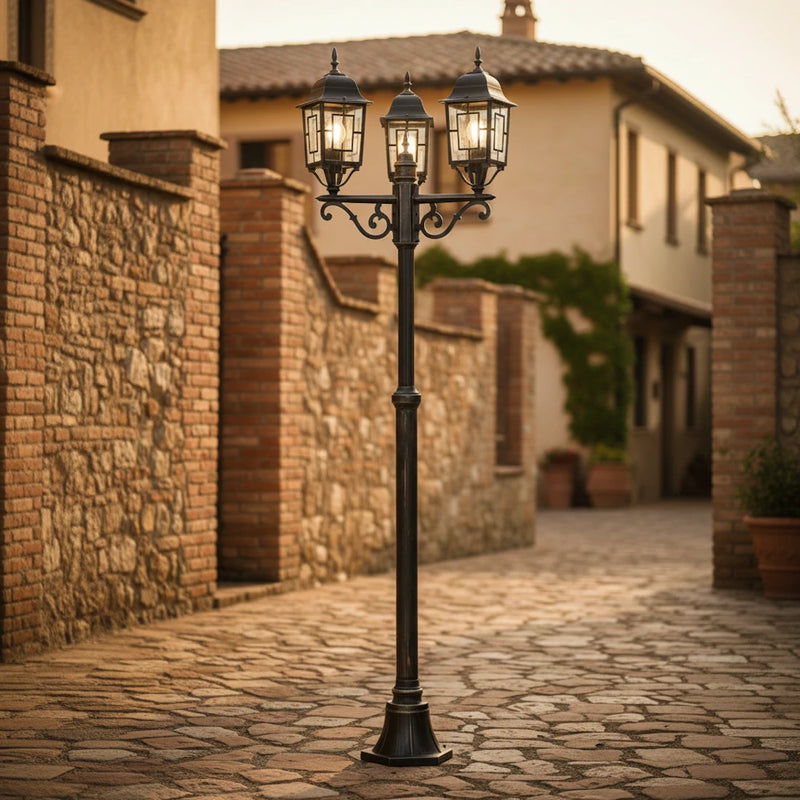 lampione da giardino 3 lanterne nero antichizzato oro h 200 cm ip44 in alluminio con vetri trasparenti attacco e27