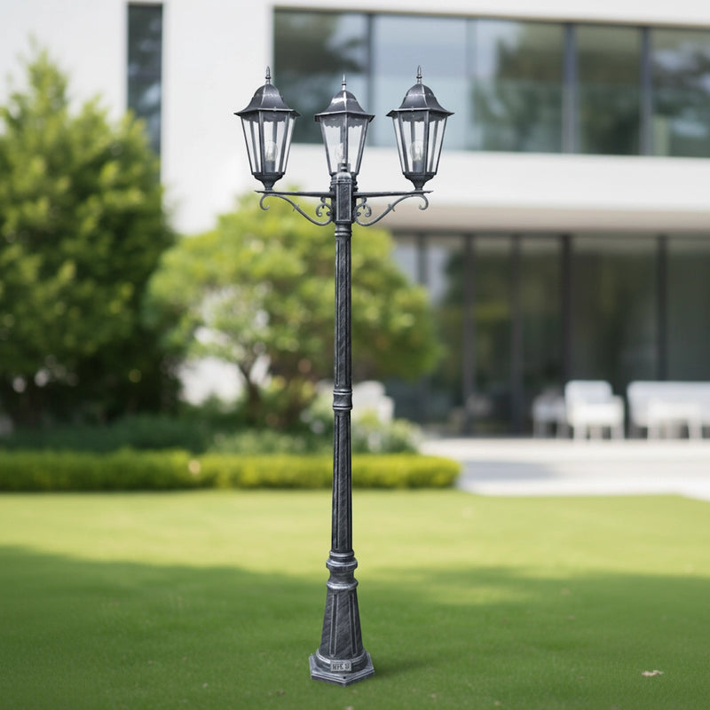 lampione giardino con tre lanterne esagonali classiche finitura nero effetto argento antichizzato