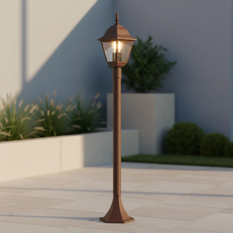 Lampione da giardino IP44 stile rustico con palo e lanterna quadrata color ruggine