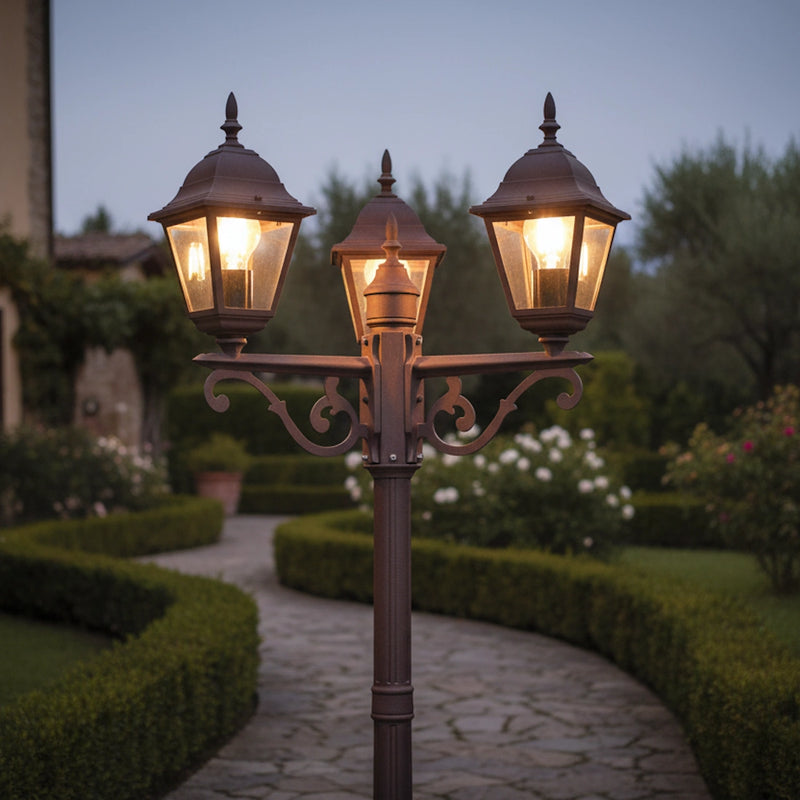 Lampione da giardino in stile rustico con 3 lanterne finitura ruggine corten bronzato anticato