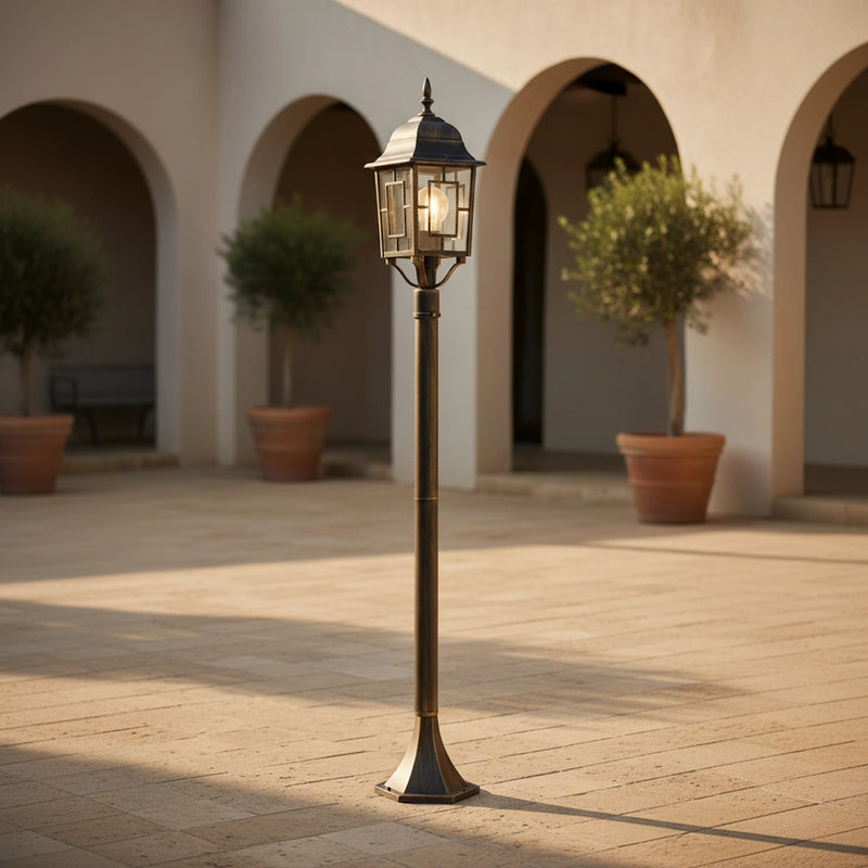 lampioncino da esterno h 100 cm nero antichizzato oro ip44 in alluminio con lanterna a mosaico vetri trasparenti e27