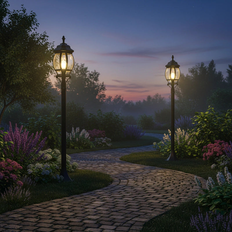 Lampione segnapassi per vialetti con palo nero e lanterna classica con vetri trasparenti stondati