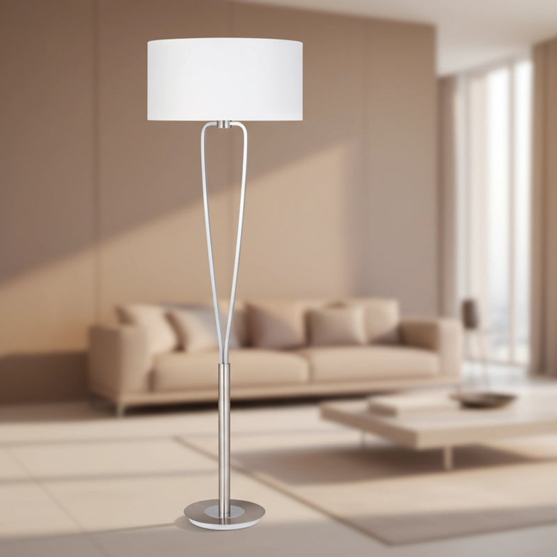 piantana design moderno Paris in acciaio satinato e paralume in tessuto bianco