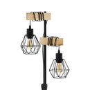 Lampada Da Terra 2 Luci in Legno e Paralumi con Gabbia in Metallo Nero E27