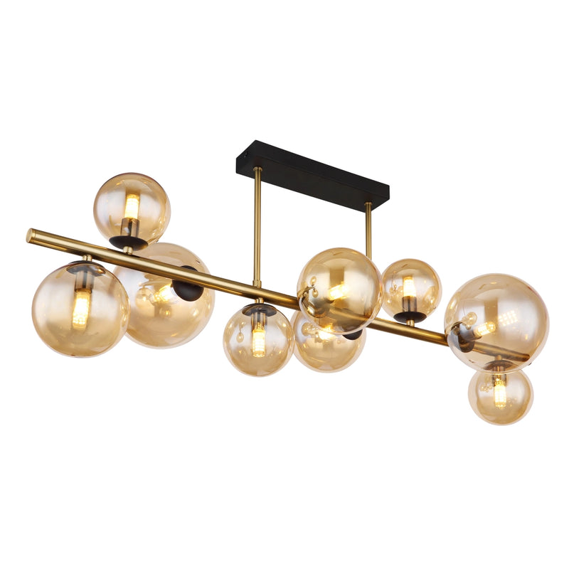 plafoniera classica riha 9 luci in metallo dorato con sfere in vetro ambra