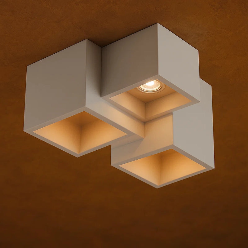 plafoniera in gesso bianco 24 cm con 3 attacchi GU10 da soffitto verniciabile