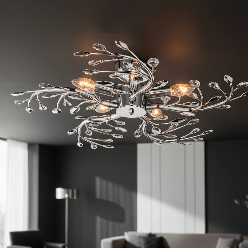 Plafoniera in metallo cromato design floreale a rami e foglie 5 luci E14