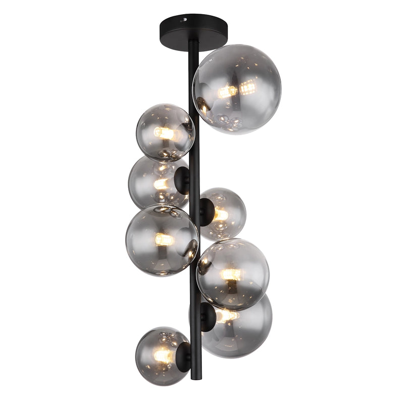 plafoniera led riha 8 luci in metallo nero con sfere in vetro fume
