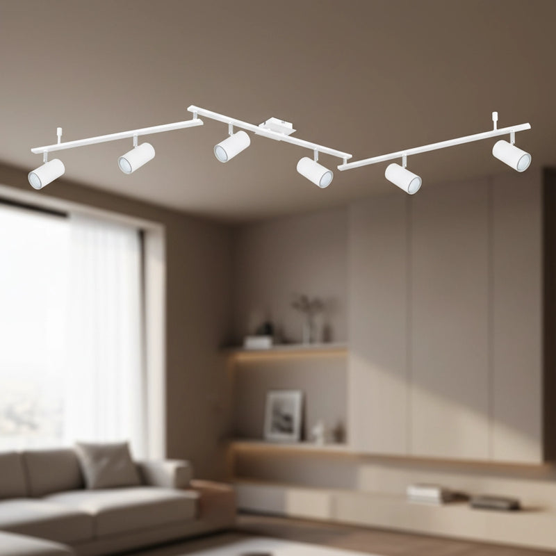 plafoniera da soffitto bianca lunga 180 cm con 6 faretti orientabili GU10 per ambienti interni