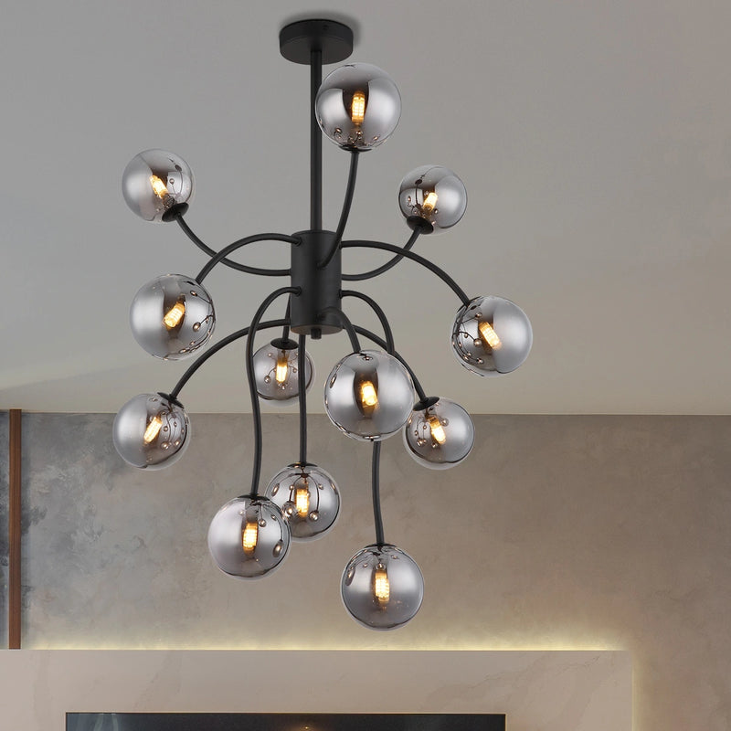 plafoniera moderna riha rotonda in metallo nero con dodici sfere in vetro fume