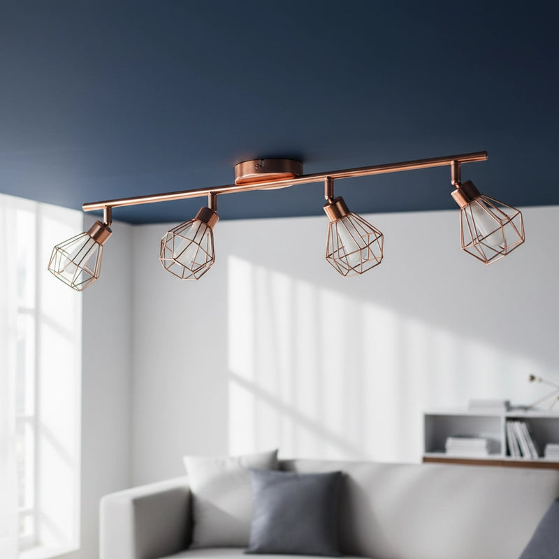 plafoniera rame con 4 faretti a gabbia orientabili e lampadine G9 incluse per interni vintage