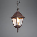Lanterna sospesa da esterno stile rustico con finitura ruggine antichizzata.