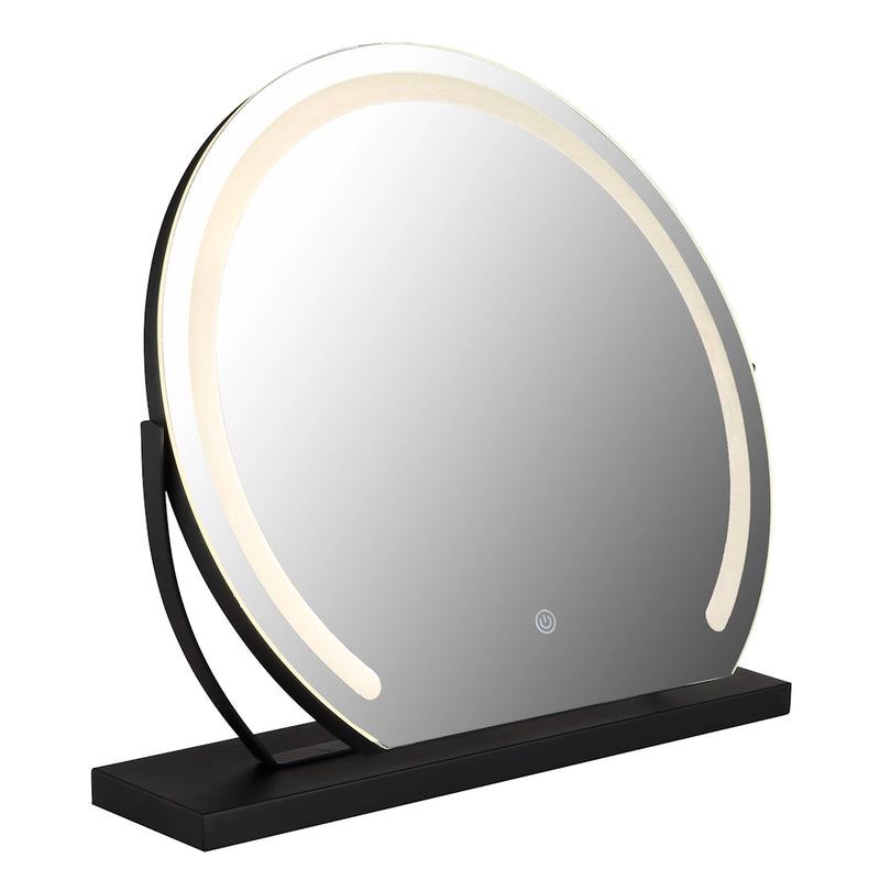 specchio Rivas orientabile con struttura in metallo nero satinato base da appoggio e forma semicircolare