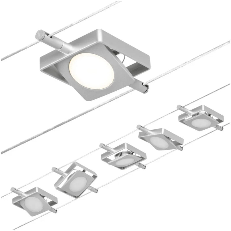 tesata su cavo macled basic set grigio argento con 5 faretti orientabili led 4,5w 250 lumen luce 3000k kit completo