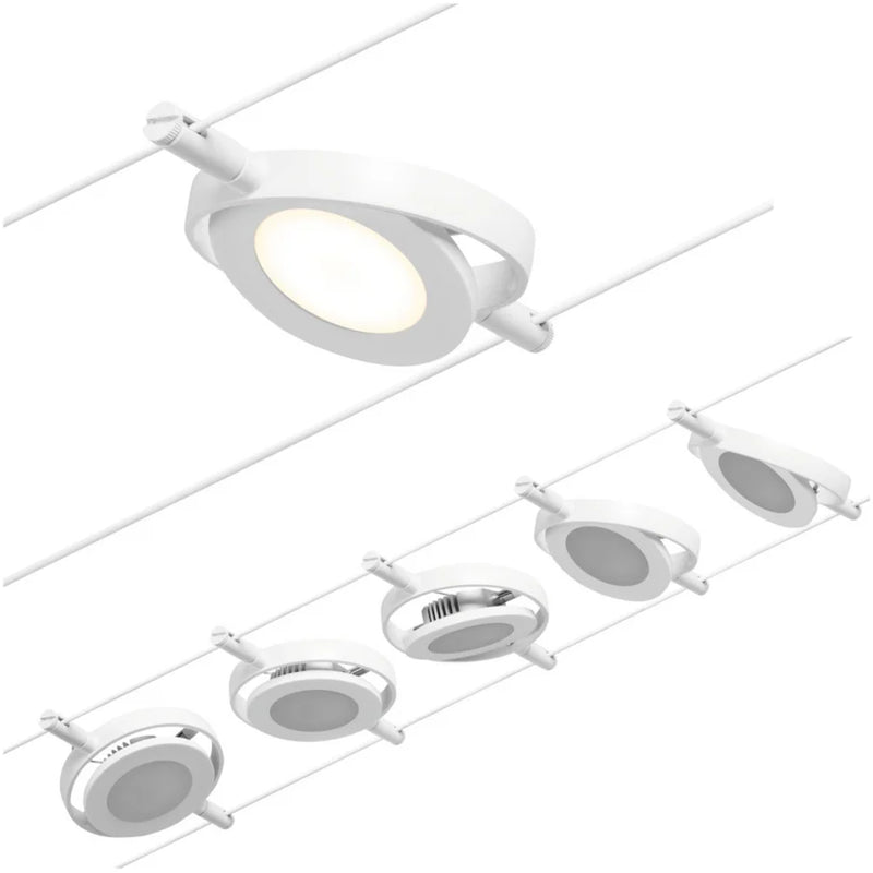 tesata su cavo roundmac basic set bianco opaco con 5 faretti orientabili led 4,5w 200 lumen luce 3000k kit completo 10m
