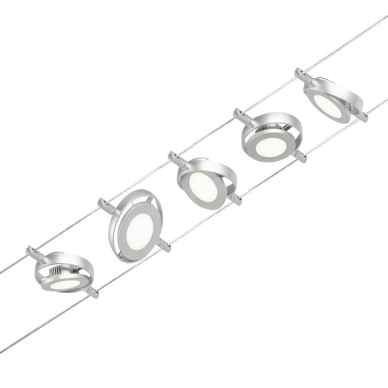tesata su cavo roundmac basic set grigio argento con 5 faretti orientabili led 4,5w 200 lumen luce 3000k kit completo 10m