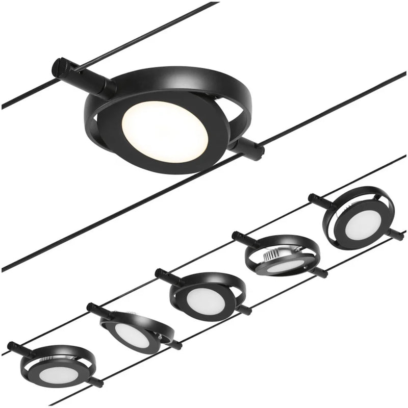 tesata su cavo roundmac basic set nero opaco con 5 faretti orientabili led 4,5w 200 lumen luce 3000k kit completo 10m