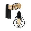 lampada da parete con base in legno cavo nero e portalampada con gabbia in metallo nero