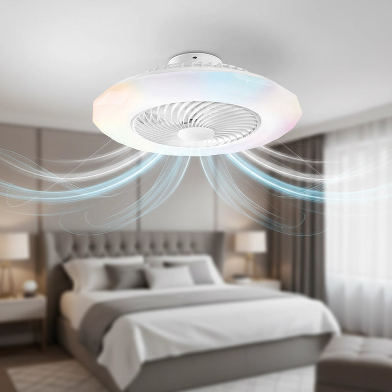 plafoniera con ventilatore skyron bianca smart Ø60 led 40w rgb cct dimmerabile per soggiorno e camera
