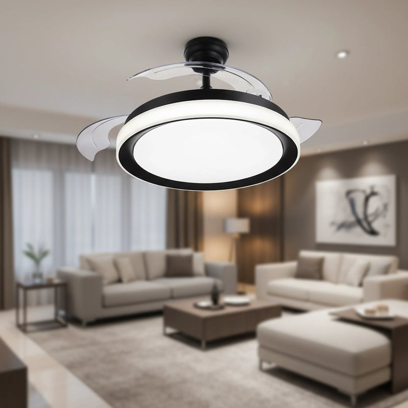 Ventilatore da soffitto nero con pale retrattili e plafoniera led moderna Philips Bliss