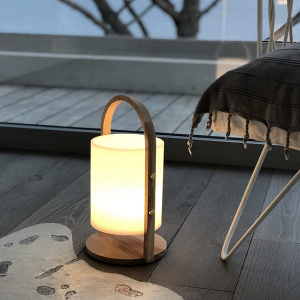 Woody - Lampada LED da tavolo con batteria ricaricabile, selettore luce calda/fredda, manico in legno, Lumisky