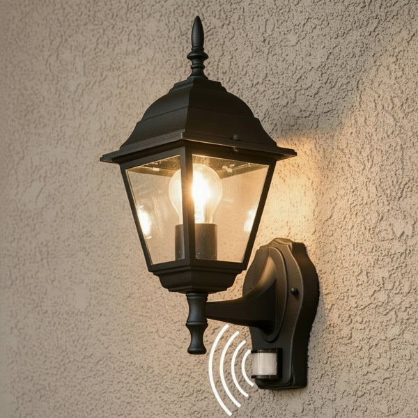 lanterna classica da esterno roma in alluminio nero con sensore di movimento pir