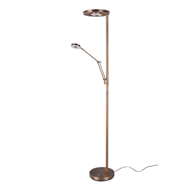 Lampada da terra moderna finitura ottone invecchiato, piantana LED 32W con braccio da lettura LED 6W