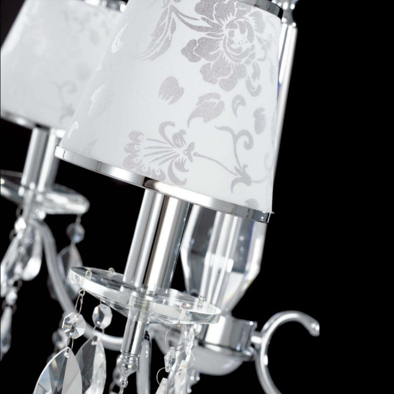 Boeme - Lampadario moderno 3 luci in metallo cromato, gocce in cristallo e paralumi decorati