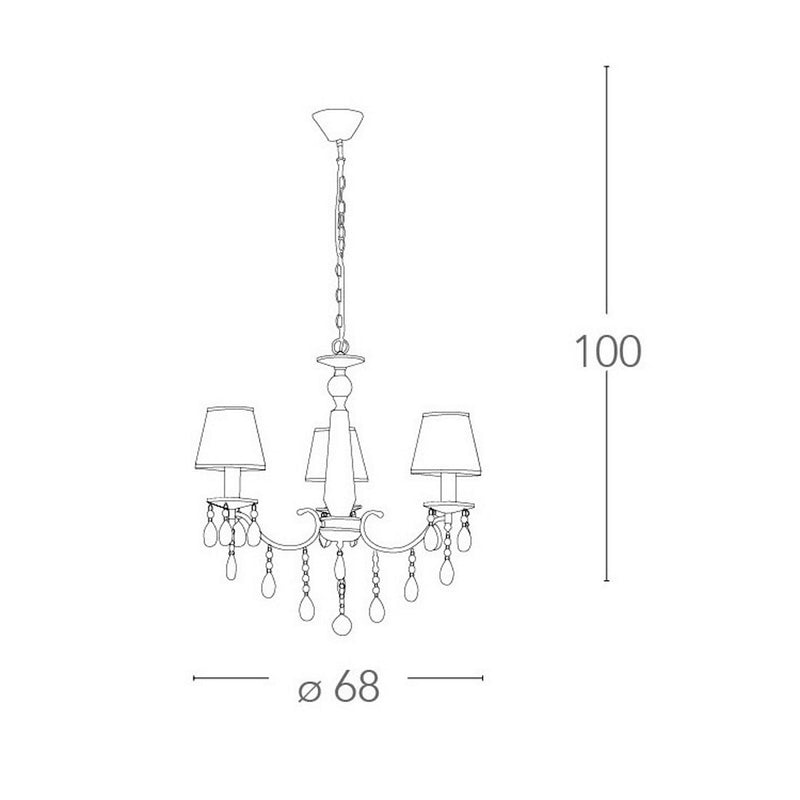 Lampadario moderno 3 luci in metallo cromato, gocce in cristallo e paralumi decorati