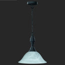 Lampadario rustico con finitura corten e paralume alabastro per soggiorni e cucine