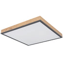 plafoniera LED quadrata con cornice effetto legno e luce calda 3000K