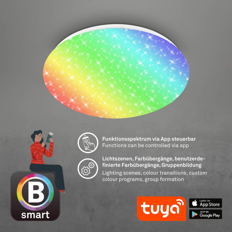 Barny - Plafoniera LED 21W, Ø 33cm, con telecomando, dimmerabile, bianco variabile CCT, luce colorata RGB, Smart WI-FI