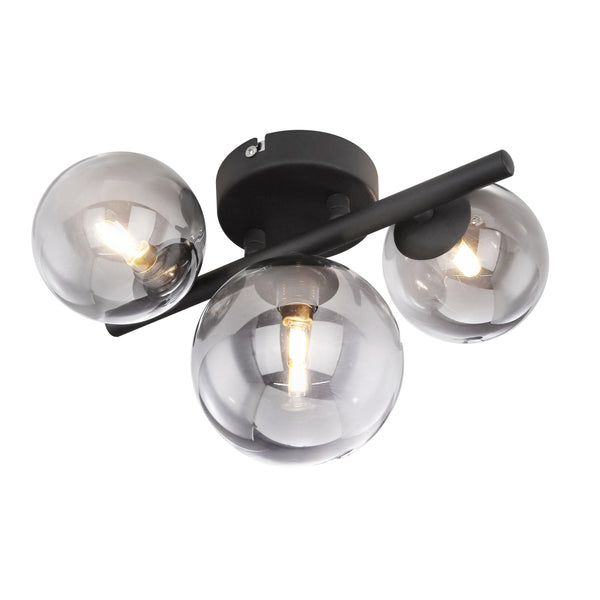 Riha - Plafoniera moderna, struttura in metallo nero a 3 luci, lampadine G9 3x3W LED incluse, bolle in vetro grigio
