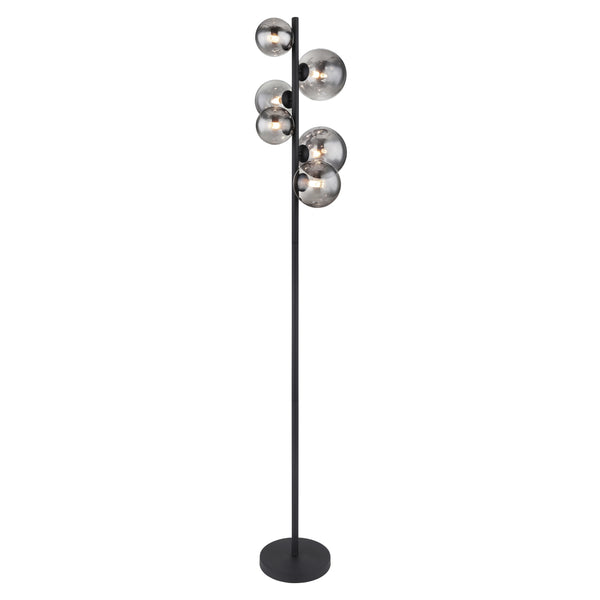 Piantana Moderna in Metallo Nero a 6 Luci, Lampadine LED Incluse, con Bolle in Vetro Fumé
