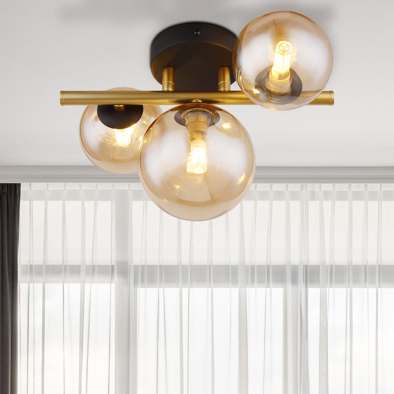 Riha - Plafoniera classica, struttura in metallo dorato a 3 luci, lampadine G9 3x3W LED incluse, bolle in vetro ambra