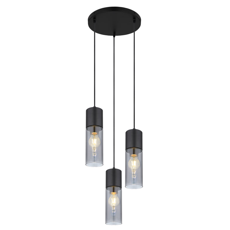 Lampadario a 3 sospensioni in metallo nero e vetri grigio