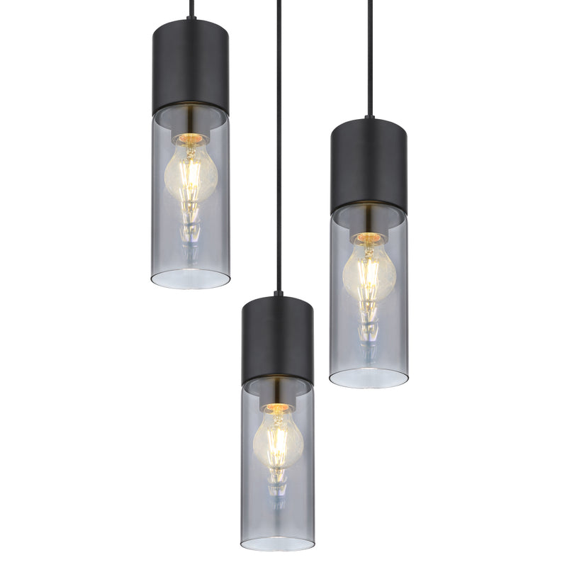 Lampadario a 3 sospensioni in metallo nero e vetri grigio