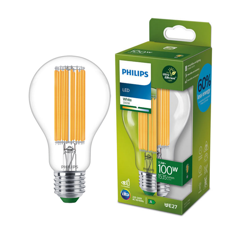 Philips - NEW GENERATION! Lampadina LED 7,3W=100W, 1535 lumen, 3000K, goccia trasparente, filamento, ultra efficiente, cod. 929003480601