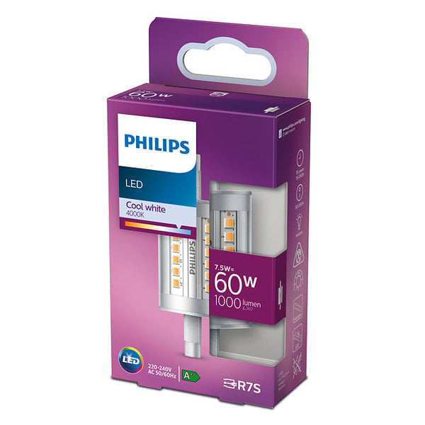 Philips - Lampadina LED lineare attacco R7s 78mm, 7,5W=60W, bianco naturale 4000K, illuminazione 360°.